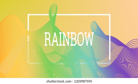 Rainbow fluid background. Iridescent modern design. Music multicolor poster. Rainbow stripe Wave liquid pattern. Organic gradient shape. Summer vivid colors frame design. Rainbow amplitude background.