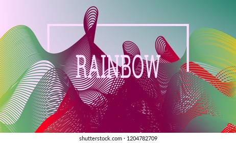 Rainbow fluid background. Iridescent modern design. Music multicolor poster. Rainbow stripe Wave liquid pattern. Organic gradient shape. Summer vivid colors frame design. Rainbow amplitude background.