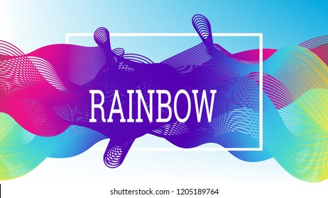 Rainbow fluid background. Iridescent modern design. Music multicolor poster. Rainbow stripe Wave liquid pattern. Organic gradient shape. Summer vivid colors frame design. Rainbow amplitude background.