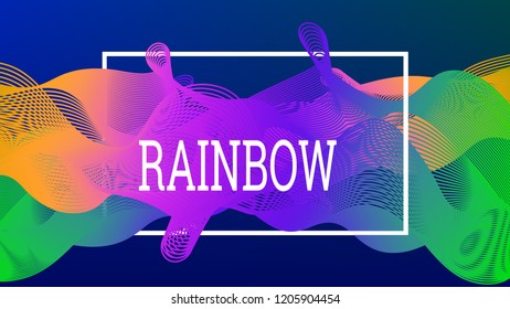 Rainbow fluid background. Iridescent modern design. Music multicolor poster. Rainbow stripe Wave liquid pattern. Organic gradient shape. Summer vivid colors frame design. Rainbow amplitude background.