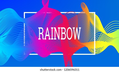 Rainbow fluid background. Iridescent modern design. Music multicolor poster. Rainbow stripe Wave liquid pattern. Organic gradient shape. Summer vivid colors frame design. Rainbow amplitude background.
