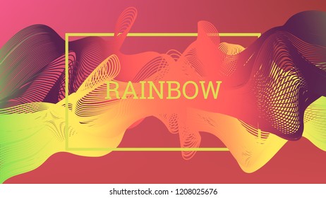 Rainbow fluid background. Iridescent modern design. Music multicolor poster. Rainbow stripe Wave liquid pattern. Organic gradient shape. Summer vivid colors frame design. Rainbow amplitude background.