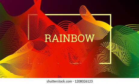 Rainbow fluid background. Iridescent modern design. Music multicolor poster. Rainbow stripe Wave liquid pattern. Organic gradient shape. Summer vivid colors frame design. Rainbow amplitude background.