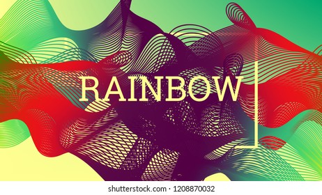 Rainbow fluid background. Iridescent modern design. Music multicolor poster. Rainbow stripe Wave liquid pattern. Organic gradient shape. Summer vivid colors frame design. Rainbow amplitude background.