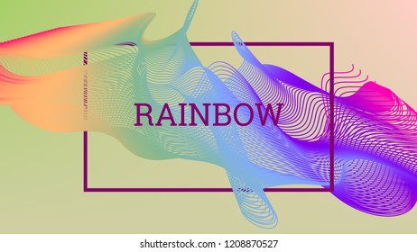 Rainbow fluid background. Iridescent modern design. Music multicolor poster. Rainbow stripe Wave liquid pattern. Organic gradient shape. Summer vivid colors frame design. Rainbow amplitude background.