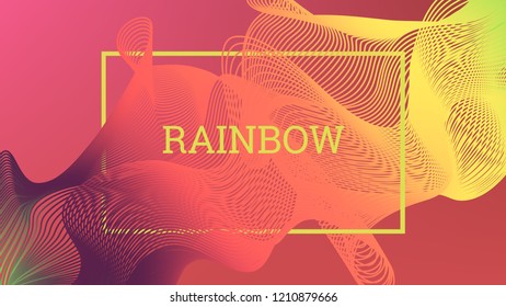 Rainbow fluid background. Iridescent modern design. Music multicolor poster. Rainbow stripe Wave liquid pattern. Organic gradient shape. Summer vivid colors frame design. Rainbow amplitude background.