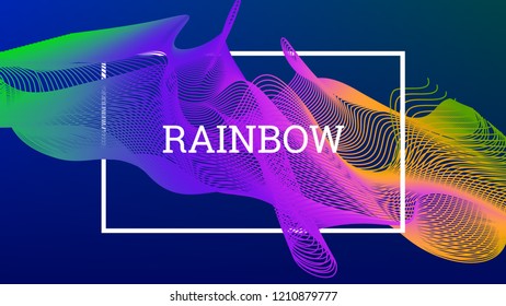 Rainbow fluid background. Iridescent modern design. Music multicolor poster. Rainbow stripe Wave liquid pattern. Organic gradient shape. Summer vivid colors frame design. Rainbow amplitude background.