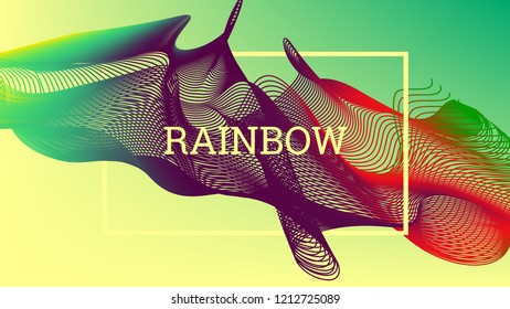 Rainbow fluid background. Iridescent modern design. Music multicolor poster. Rainbow stripe Wave liquid pattern. Organic gradient shape. Summer vivid colors frame design. Rainbow amplitude background.