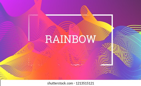 Rainbow fluid background. Iridescent modern design. Music multicolor poster. Rainbow stripe Wave liquid pattern. Organic gradient shape. Summer vivid colors frame design. Rainbow amplitude background.