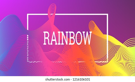 Rainbow fluid background. Iridescent modern design. Music multicolor poster. Rainbow stripe Wave liquid pattern. Organic gradient shape. Summer vivid colors frame design. Rainbow amplitude background.