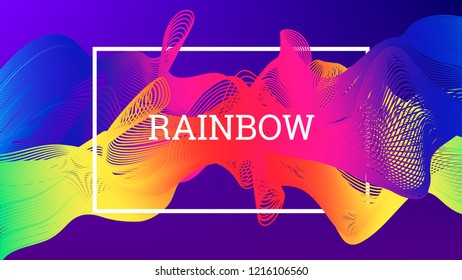Rainbow fluid background. Iridescent modern design. Music multicolor poster. Rainbow stripe Wave liquid pattern. Organic gradient shape. Summer vivid colors frame design. Rainbow amplitude background.