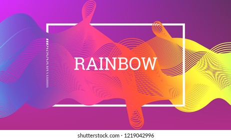 Rainbow fluid background. Iridescent modern design. Music multicolor poster. Rainbow stripe Wave liquid pattern. Organic gradient shape. Summer vivid colors frame design. Rainbow amplitude background.