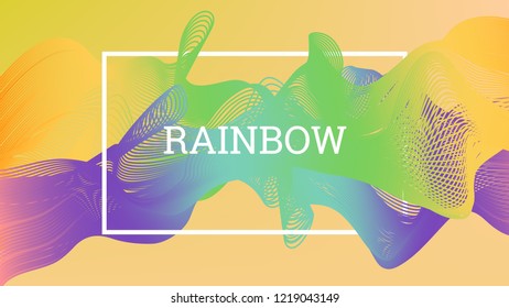 Rainbow fluid background. Iridescent modern design. Music multicolor poster. Rainbow stripe Wave liquid pattern. Organic gradient shape. Summer vivid colors frame design. Rainbow amplitude background.