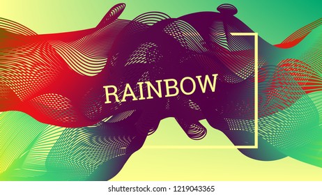 Rainbow fluid background. Iridescent modern design. Music multicolor poster. Rainbow stripe Wave liquid pattern. Organic gradient shape. Summer vivid colors frame design. Rainbow amplitude background.