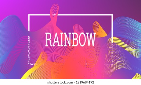 Rainbow fluid background. Iridescent modern design. Music multicolor poster. Rainbow stripe Wave liquid pattern. Organic gradient shape. Summer vivid colors frame design. Rainbow amplitude background.