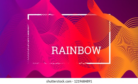 Rainbow fluid background. Iridescent modern design. Music multicolor poster. Rainbow stripe Wave liquid pattern. Organic gradient shape. Summer vivid colors frame design. Rainbow amplitude background.