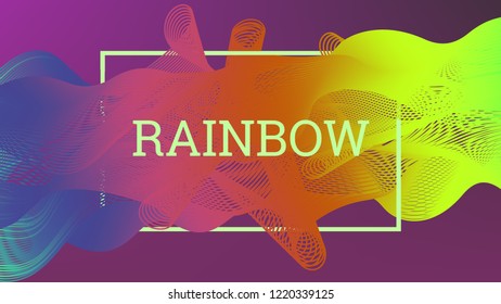 Rainbow fluid background. Iridescent modern design. Music multicolor poster. Rainbow stripe Wave liquid pattern. Organic gradient shape. Summer vivid colors frame design. Rainbow amplitude background.