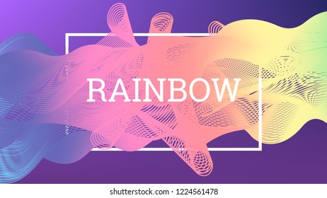 Rainbow fluid background. Iridescent modern design. Music multicolor poster. Rainbow stripe Wave liquid pattern. Organic gradient shape. Summer vivid colors frame design. Rainbow amplitude background.