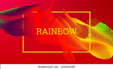 Rainbow fluid background. Iridescent modern design. Music multicolor poster. Rainbow stripe Wave liquid pattern. Organic gradient shape. Summer vivid colors frame design. Rainbow amplitude background.