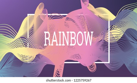Rainbow fluid background. Iridescent modern design. Music multicolor poster. Rainbow stripe Wave liquid pattern. Organic gradient shape. Summer vivid colors frame design. Rainbow amplitude background.