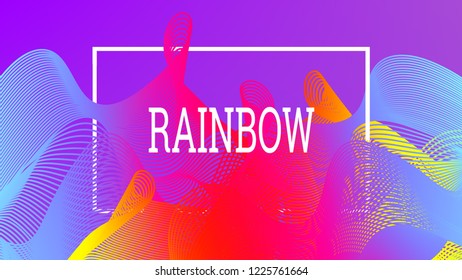Rainbow fluid background. Iridescent modern design. Music multicolor poster. Rainbow stripe Wave liquid pattern. Organic gradient shape. Summer vivid colors frame design. Rainbow amplitude background.