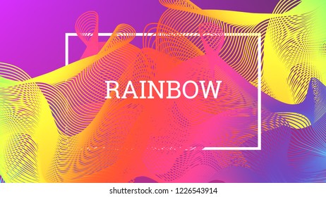 Rainbow fluid background. Iridescent modern design. Music multicolor poster. Rainbow stripe Wave liquid pattern. Organic gradient shape. Summer vivid colors frame design. Rainbow amplitude background.