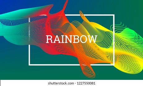 Rainbow fluid background. Iridescent modern design. Music multicolor poster. Rainbow stripe Wave liquid pattern. Organic gradient shape. Summer vivid colors frame design. Rainbow amplitude background.