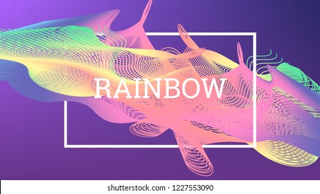 Rainbow fluid background. Iridescent modern design. Music multicolor poster. Rainbow stripe Wave liquid pattern. Organic gradient shape. Summer vivid colors frame design. Rainbow amplitude background.