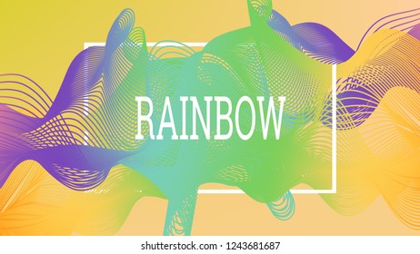 Rainbow fluid background. Iridescent modern design. Music multicolor poster. Rainbow stripe Wave liquid pattern. Organic gradient shape. Summer vivid colors frame design. Rainbow amplitude background.