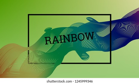 Rainbow fluid background. Iridescent modern design. Music multicolor poster. Rainbow stripe Wave liquid pattern. Organic gradient shape. Summer vivid colors frame design. Rainbow amplitude background.