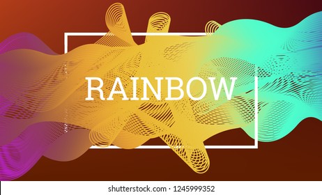 Rainbow fluid background. Iridescent modern design. Music multicolor poster. Rainbow stripe Wave liquid pattern. Organic gradient shape. Summer vivid colors frame design. Rainbow amplitude background.