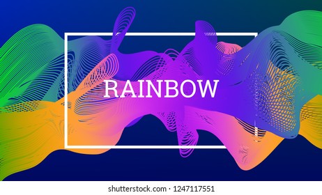 Rainbow fluid background. Iridescent modern design. Music multicolor poster. Rainbow stripe Wave liquid pattern. Organic gradient shape. Summer vivid colors frame design. Rainbow amplitude background.