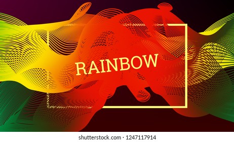 Rainbow fluid background. Iridescent modern design. Music multicolor poster. Rainbow stripe Wave liquid pattern. Organic gradient shape. Summer vivid colors frame design. Rainbow amplitude background.