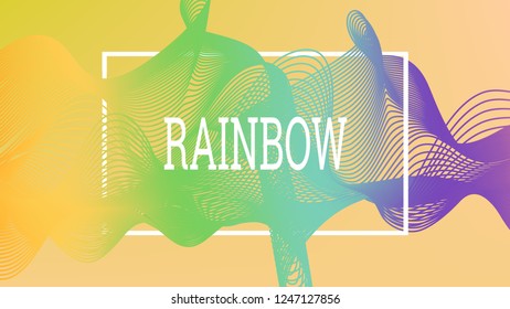 Rainbow fluid background. Iridescent modern design. Music multicolor poster. Rainbow stripe Wave liquid pattern. Organic gradient shape. Summer vivid colors frame design. Rainbow amplitude background.
