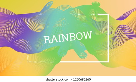 Rainbow fluid background. Iridescent modern design. Music multicolor poster. Rainbow stripe Wave liquid pattern. Organic gradient shape. Summer vivid colors frame design. Rainbow amplitude background.