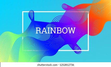 Rainbow fluid background. Iridescent modern design. Music multicolor poster. Rainbow stripe Wave liquid pattern. Organic gradient shape. Summer vivid colors frame design. Rainbow amplitude background.