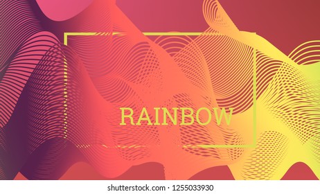 Rainbow fluid background. Iridescent modern design. Music multicolor poster. Rainbow stripe Wave liquid pattern. Organic gradient shape. Summer vivid colors frame design. Rainbow amplitude background.