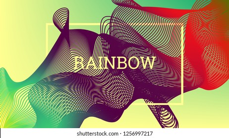Rainbow fluid background. Iridescent modern design. Music multicolor poster. Rainbow stripe Wave liquid pattern. Organic gradient shape. Summer vivid colors frame design. Rainbow amplitude background.