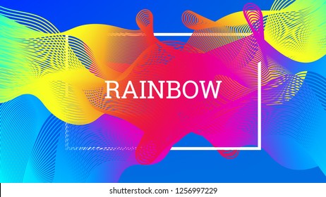 Rainbow fluid background. Iridescent modern design. Music multicolor poster. Rainbow stripe Wave liquid pattern. Organic gradient shape. Summer vivid colors frame design. Rainbow amplitude background.