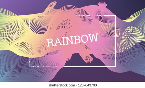 Rainbow fluid background. Iridescent modern design. Music multicolor poster. Rainbow stripe Wave liquid pattern. Organic gradient shape. Summer vivid colors frame design. Rainbow amplitude background.