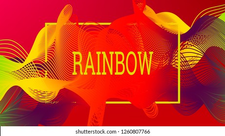 Rainbow fluid background. Iridescent modern design. Music multicolor poster. Rainbow stripe Wave liquid pattern. Organic gradient shape. Summer vivid colors frame design. Rainbow amplitude background.