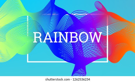 Rainbow fluid background. Iridescent modern design. Music multicolor poster. Rainbow stripe Wave liquid pattern. Organic gradient shape. Summer vivid colors frame design. Rainbow amplitude background.