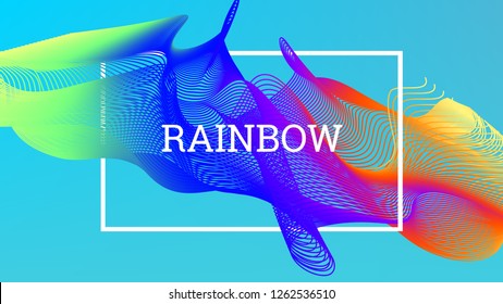Rainbow fluid background. Iridescent modern design. Music multicolor poster. Rainbow stripe Wave liquid pattern. Organic gradient shape. Summer vivid colors frame design. Rainbow amplitude background.