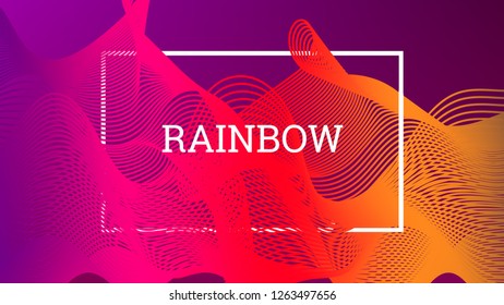 Rainbow fluid background. Iridescent modern design. Music multicolor poster. Rainbow stripe Wave liquid pattern. Organic gradient shape. Summer vivid colors frame design. Rainbow amplitude background.