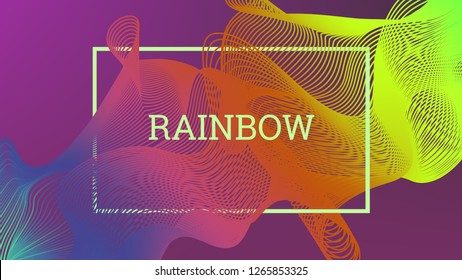 Rainbow fluid background. Iridescent modern design. Music multicolor poster. Rainbow stripe Wave liquid pattern. Organic gradient shape. Summer vivid colors frame design. Rainbow amplitude background.