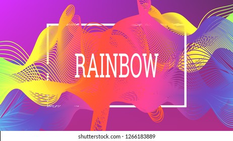Rainbow fluid background. Iridescent modern design. Music multicolor poster. Rainbow stripe Wave liquid pattern. Organic gradient shape. Summer vivid colors frame design. Rainbow amplitude background.
