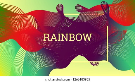 Rainbow fluid background. Iridescent modern design. Music multicolor poster. Rainbow stripe Wave liquid pattern. Organic gradient shape. Summer vivid colors frame design. Rainbow amplitude background.