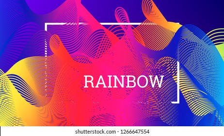 Rainbow fluid background. Iridescent modern design. Music multicolor poster. Rainbow stripe Wave liquid pattern. Organic gradient shape. Summer vivid colors frame design. Rainbow amplitude background.
