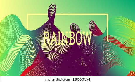 Rainbow fluid background. Iridescent modern design. Music multicolor poster. Rainbow stripe Wave liquid pattern. Organic gradient shape. Summer vivid colors frame design. Rainbow amplitude background.