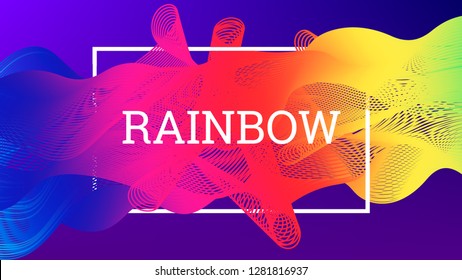 Rainbow fluid background. Iridescent modern design. Music multicolor poster. Rainbow stripe Wave liquid pattern. Organic gradient shape. Summer vivid colors frame design. Rainbow amplitude background.